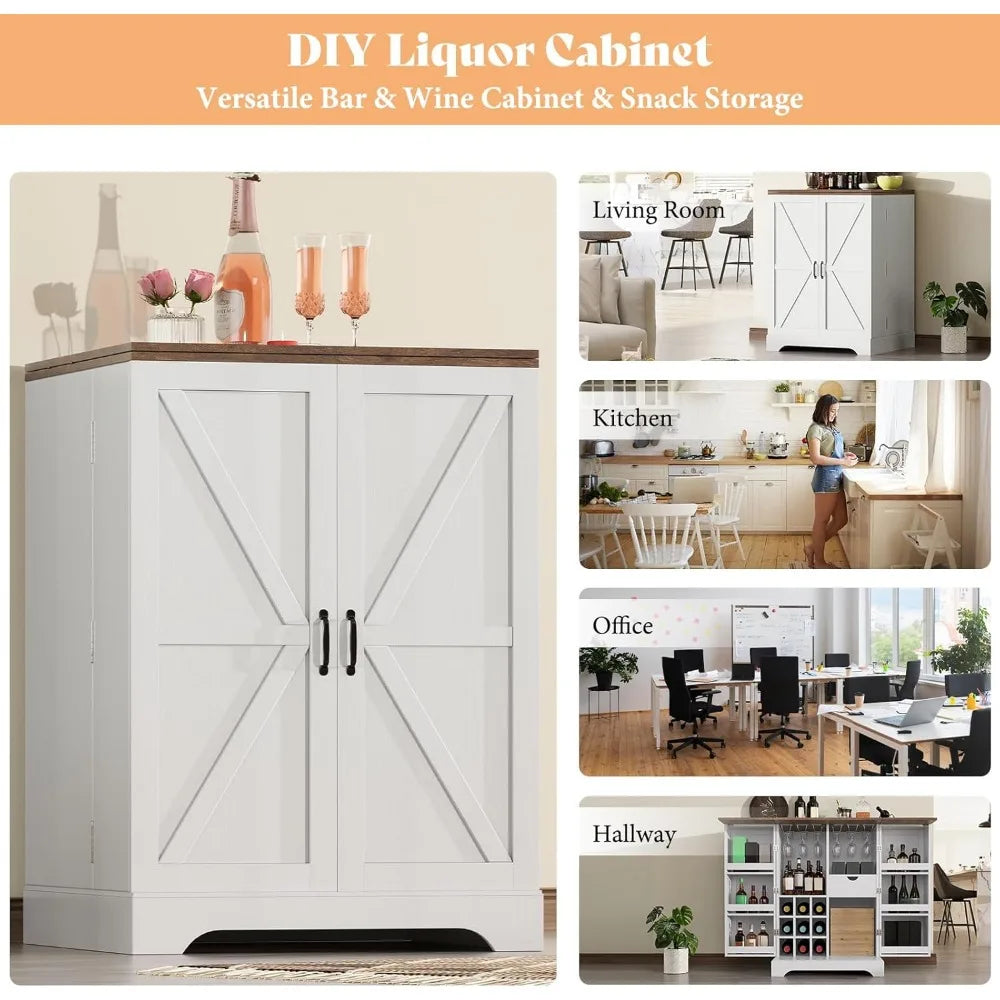 61 Inch Farmhouse Bar Cabinet with Wine Racks and Folding Storage