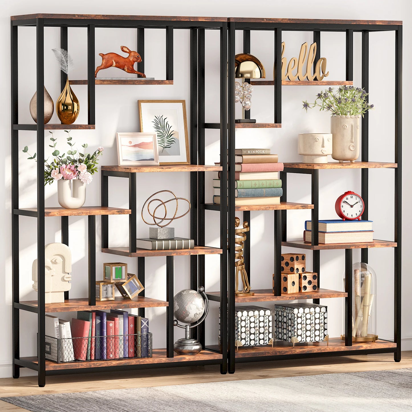 Ljustra Modern 8-Tier Staggered Bookcase Wide Wood Etagere Shelving Unit