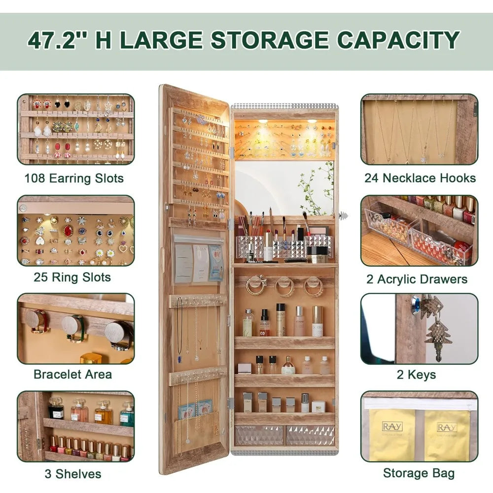 LED Mirror Jewelry Cabinet Wall Mounted Organizer with RGB Lights