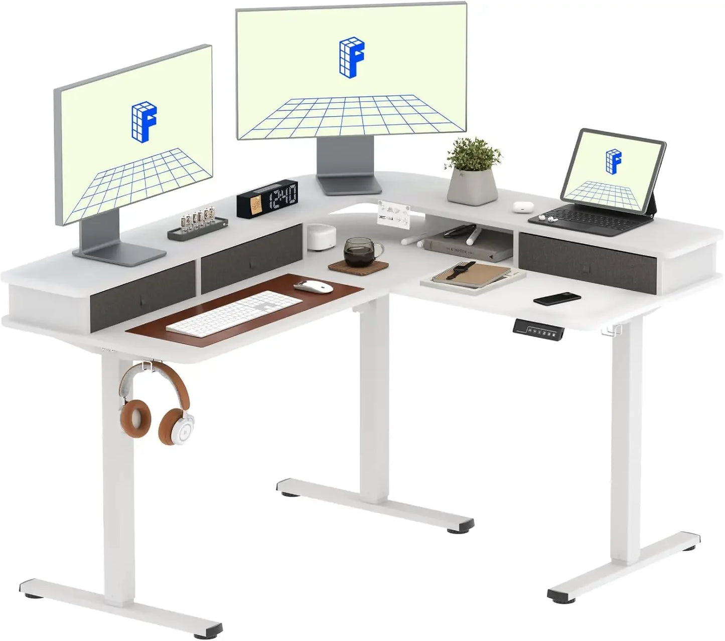 63 Inch L Shaped Electric Standing Desk with 4 Drawers and Shelf