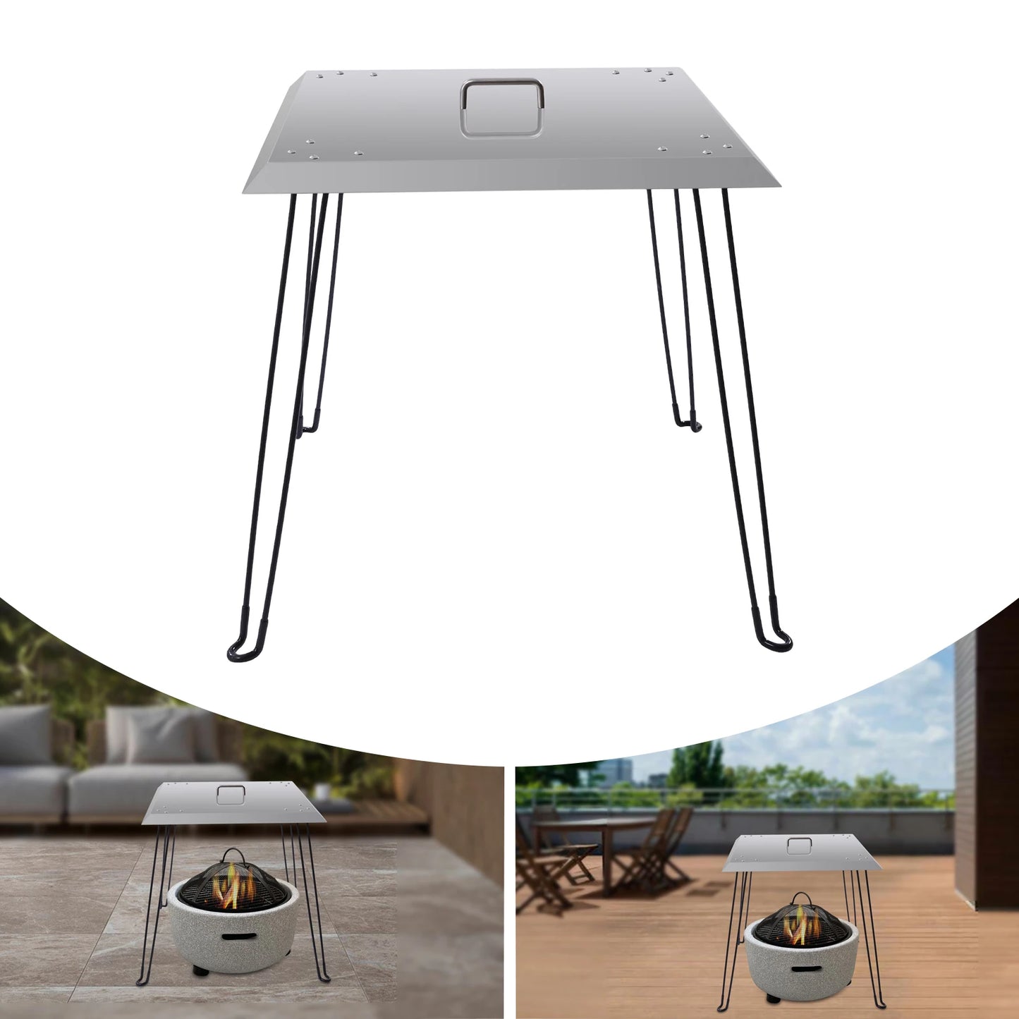 Stainless Steel Fire Pit Heat Deflector Square Lid with Foldable Legs