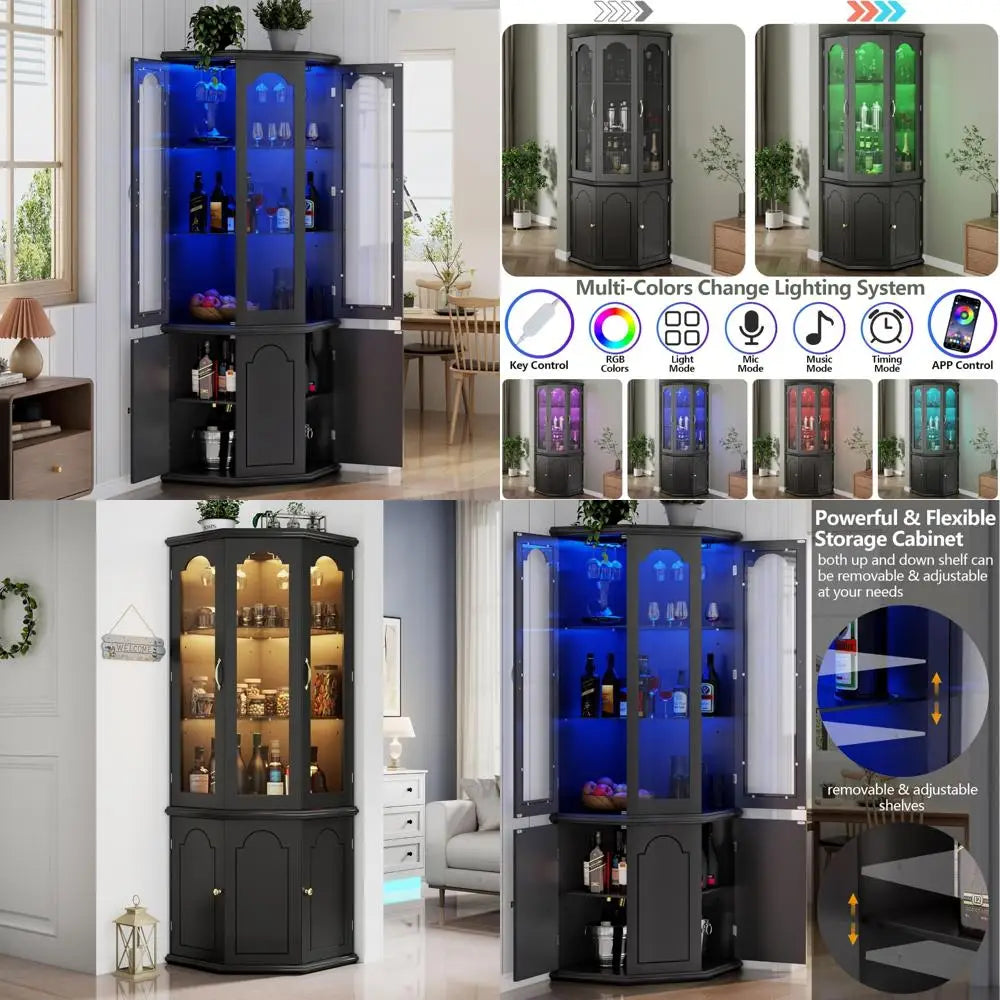 Modern Tall Wine Cabinet with LED Lights Adjustable Shelves Storage