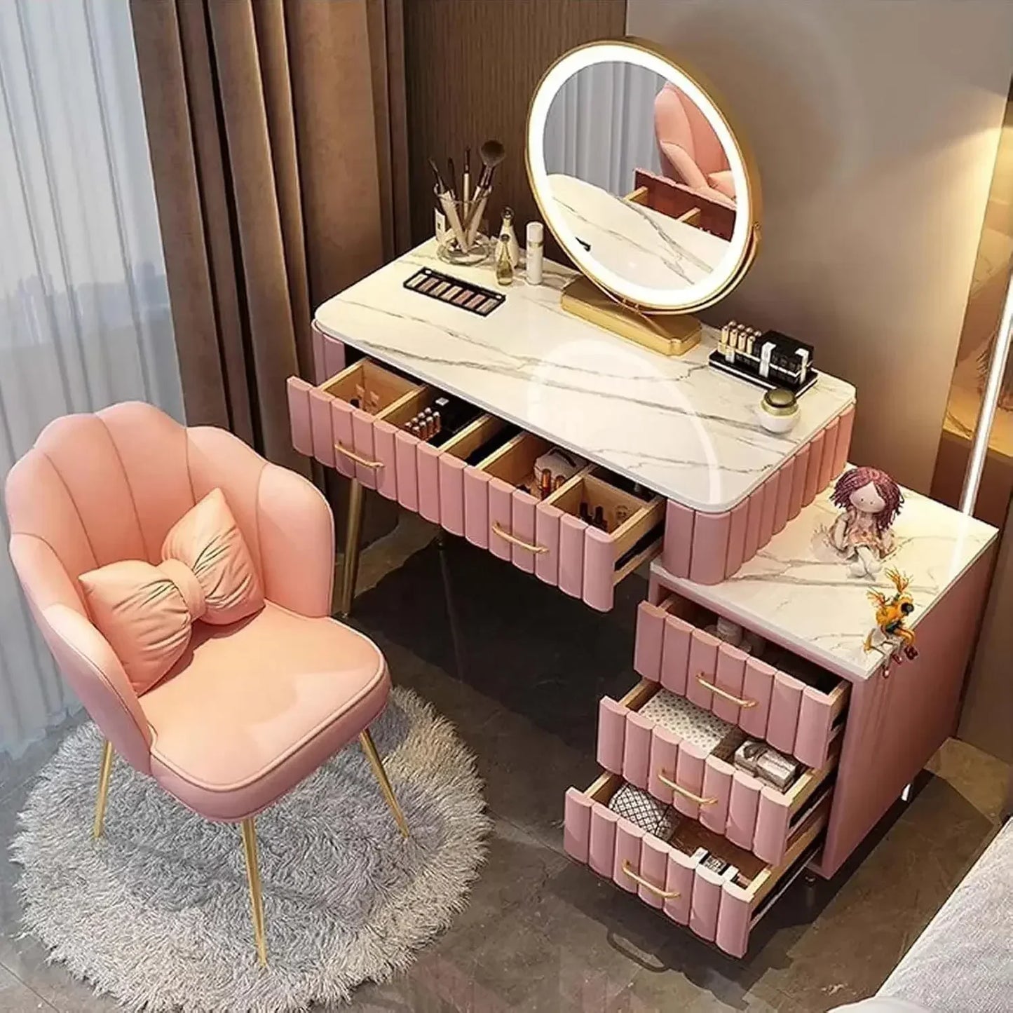 Luxury Vanity Set with 5 Drawers LED Mirror Adjustable Makeup Table