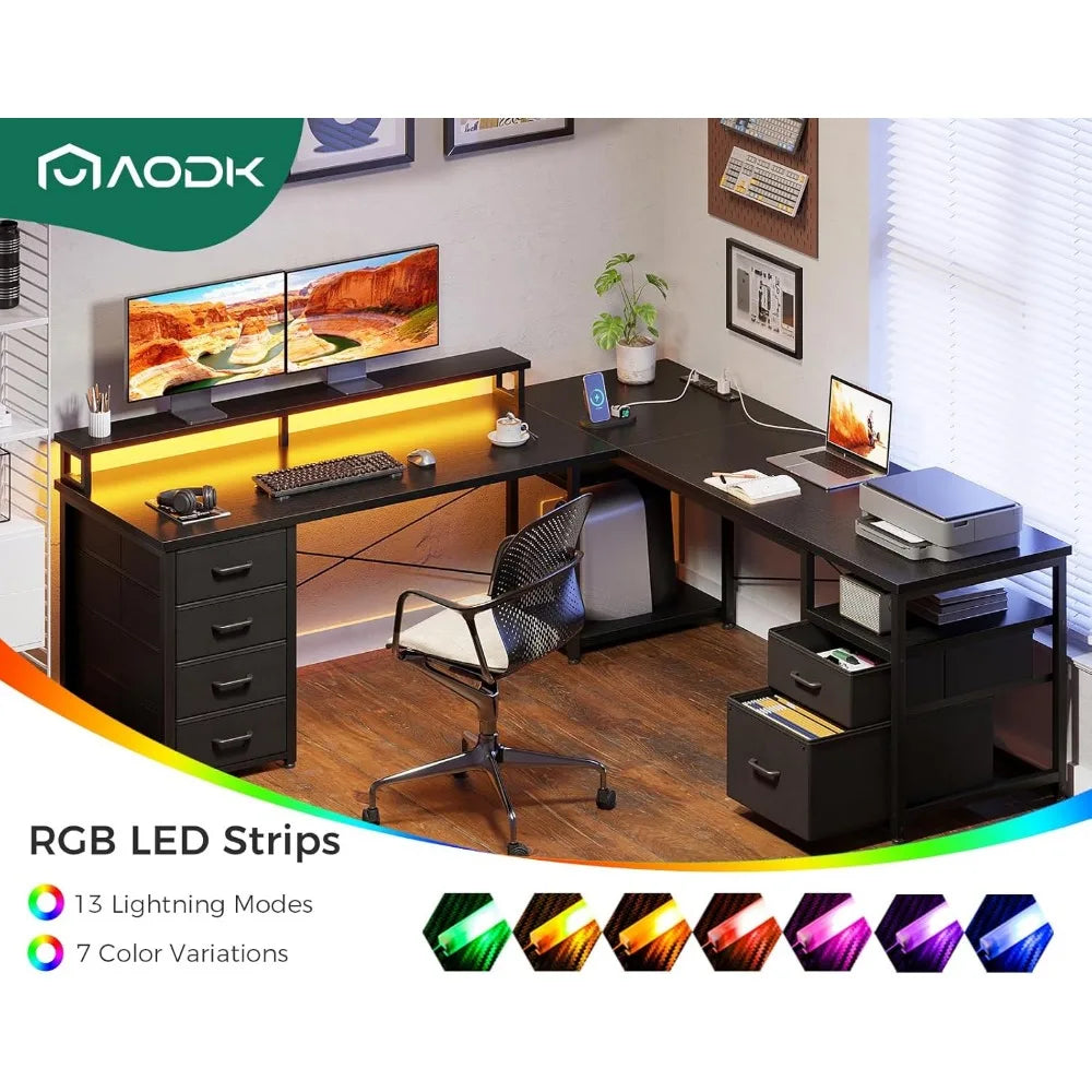 66 Inch L Shaped Computer Desk Reversible Home Office Desk with Drawers LED Light