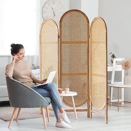 Hand-Woven Rattan Room Divider Folding Privacy Screen 5.6 Ft 4 Panels