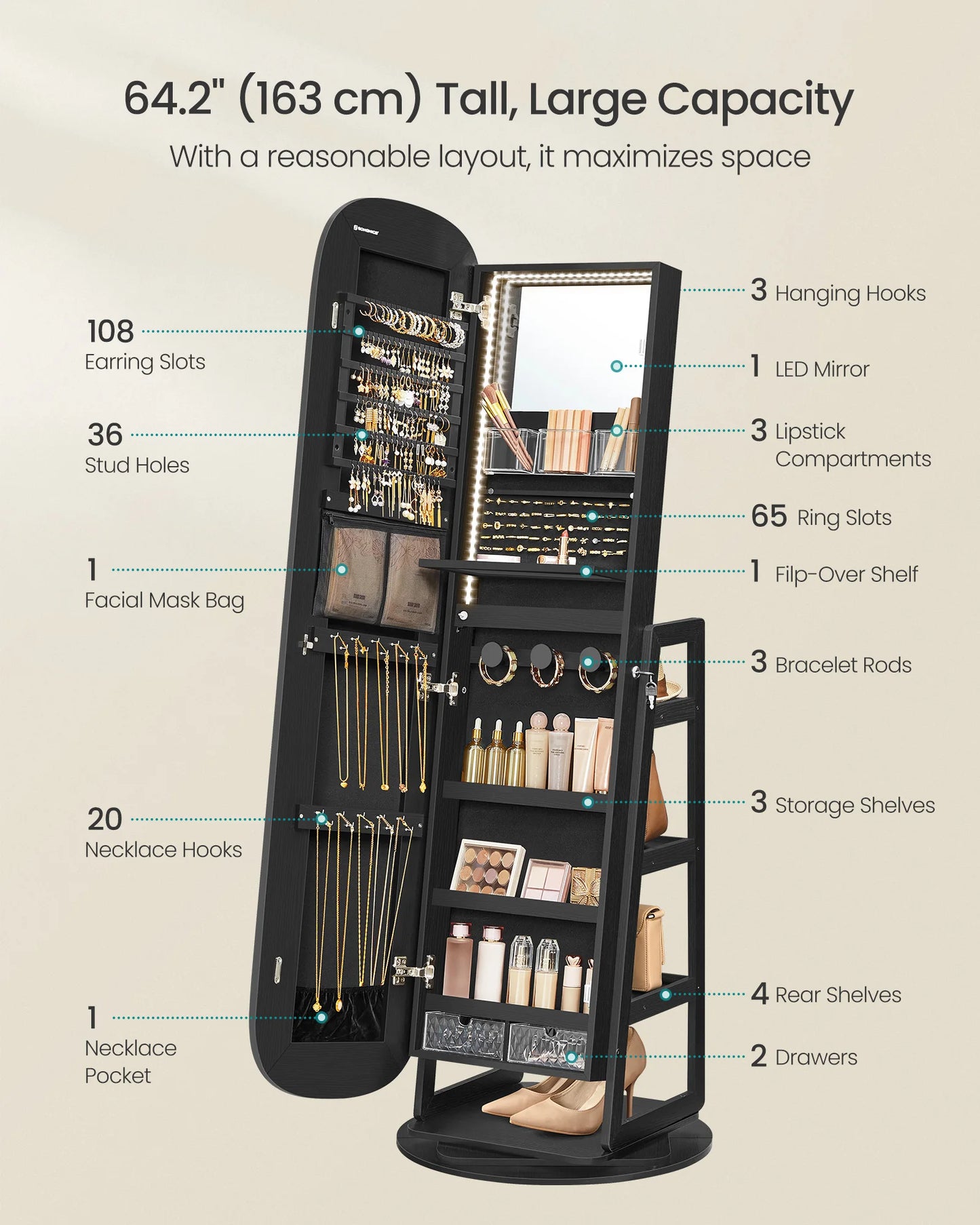 Ljustra LED Jewelry Cabinet 360 Swivel Organizer Lockable Mirror