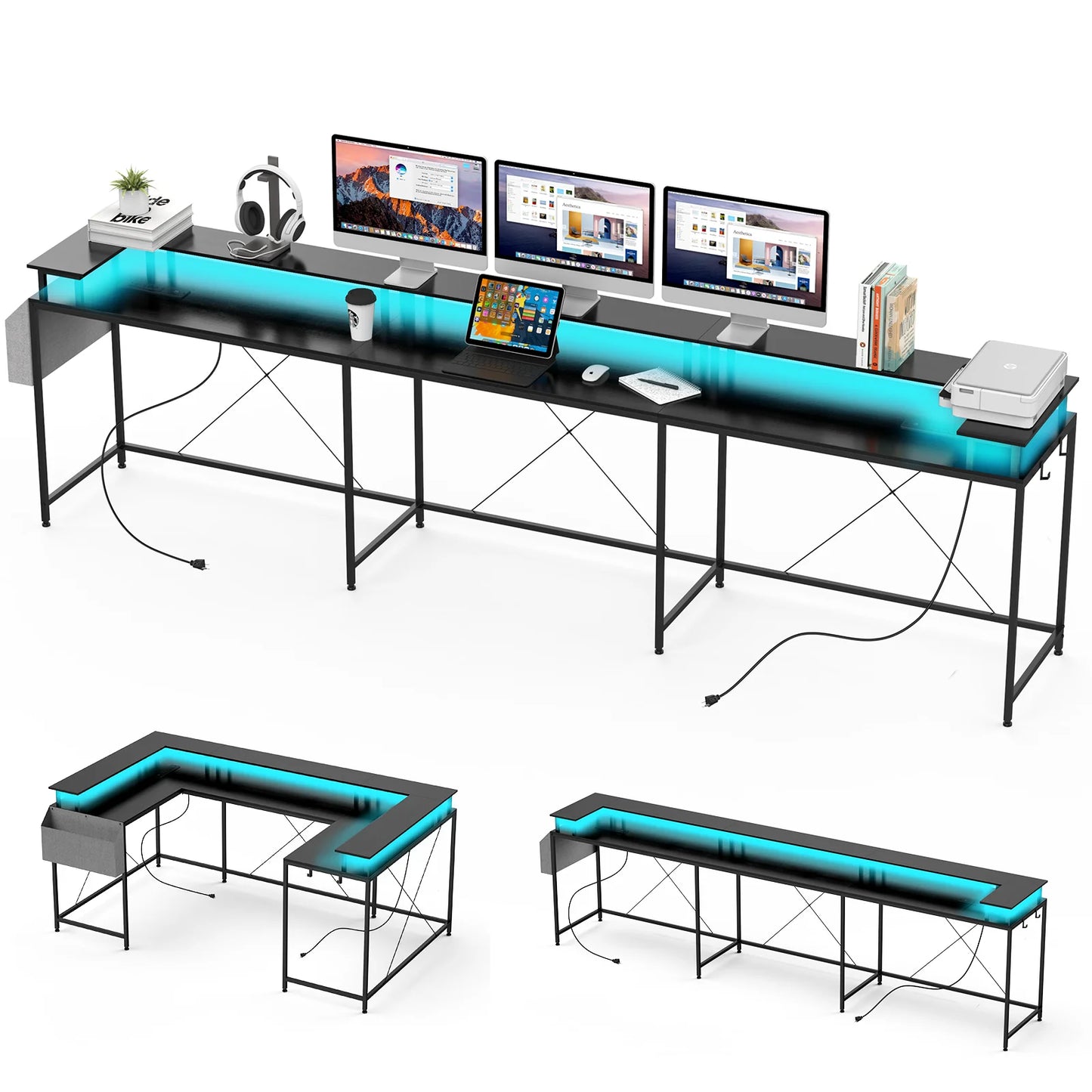 Modern L-Shaped Computer Desk with LED Lights Power Outlet and Shelves