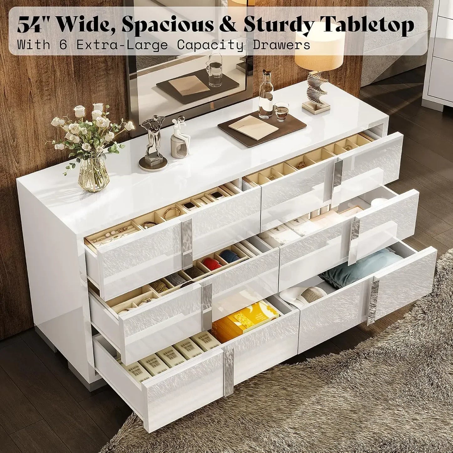 54 Inch High Gloss 6 Drawer Dresser Modern Chest for Bedroom Storage