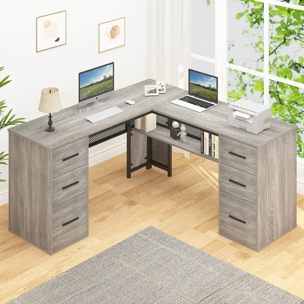 Large L Shaped Home Office Desk with Drawers Rustic Computer Desk