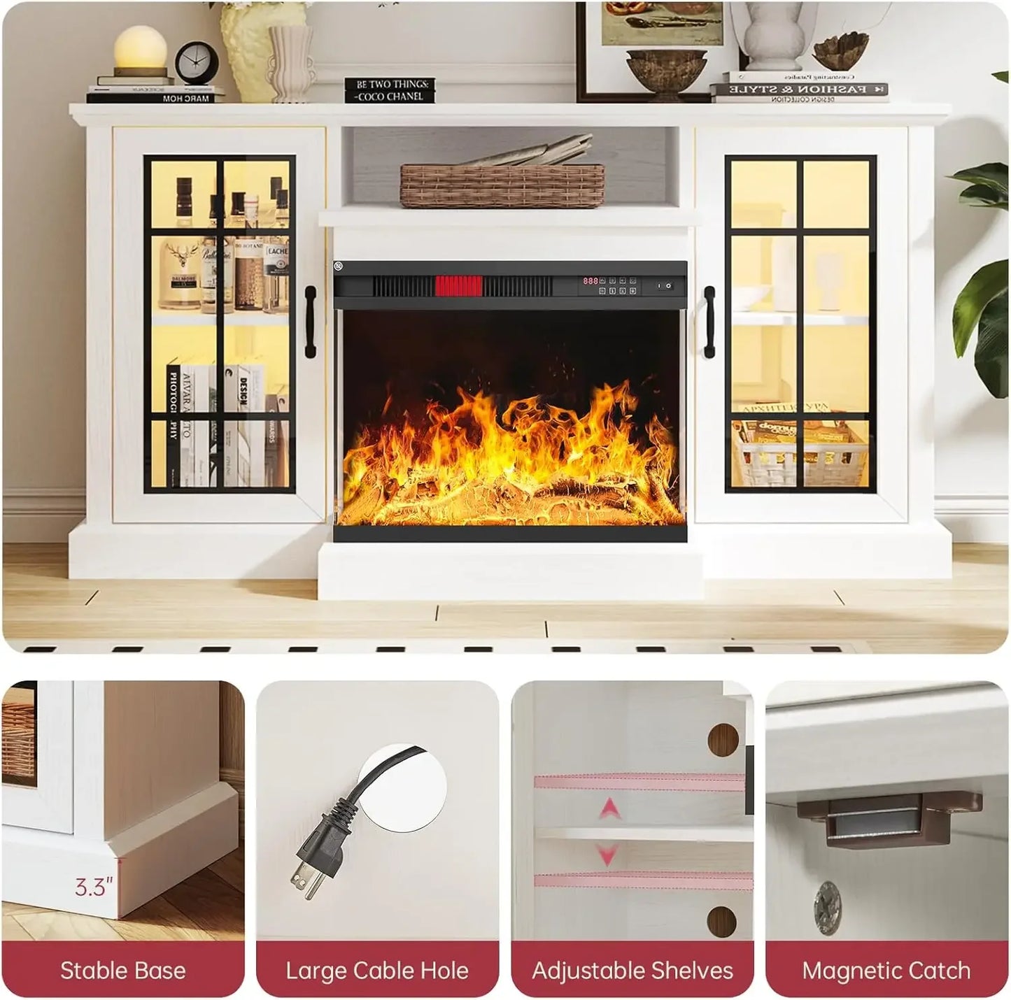 59 Fireplace TV Stand 3 Sided Glass Entertainment Center for TVs up to 65