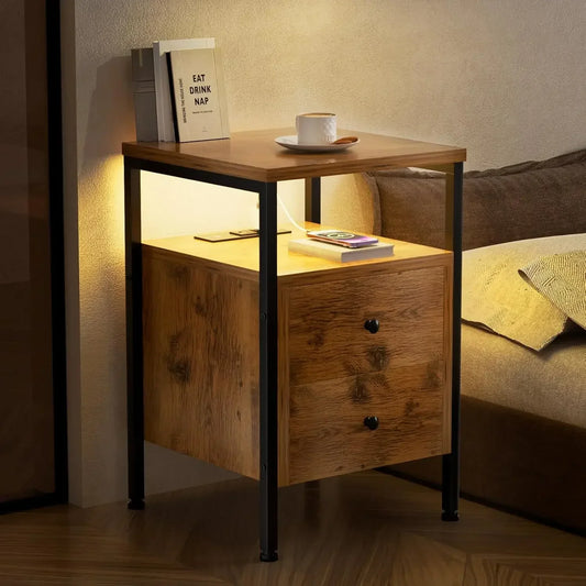 Nightstand with LED Light Charging Station 2 Drawers Rustic Wood Table