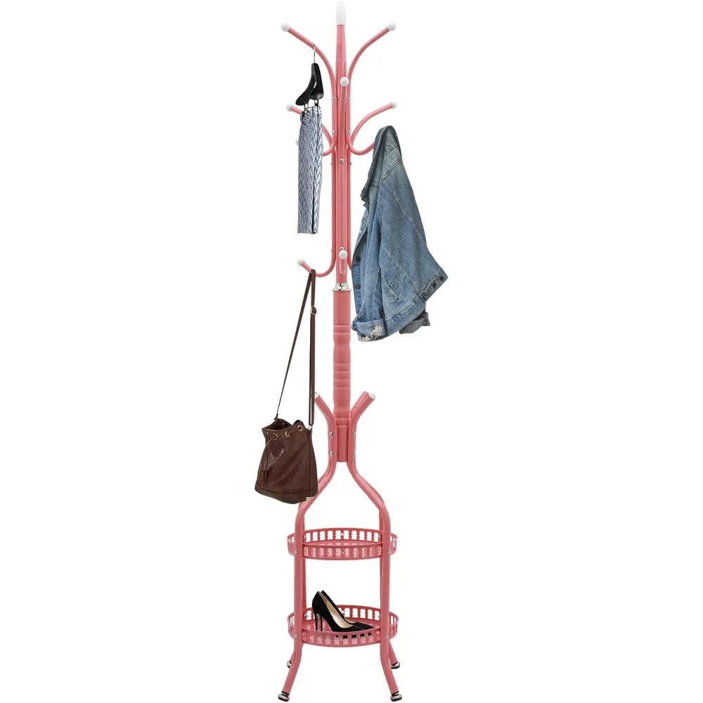 Pink Modern Metal Coat Rack Stand Freestanding Hat Hall Tree 12 Hooks