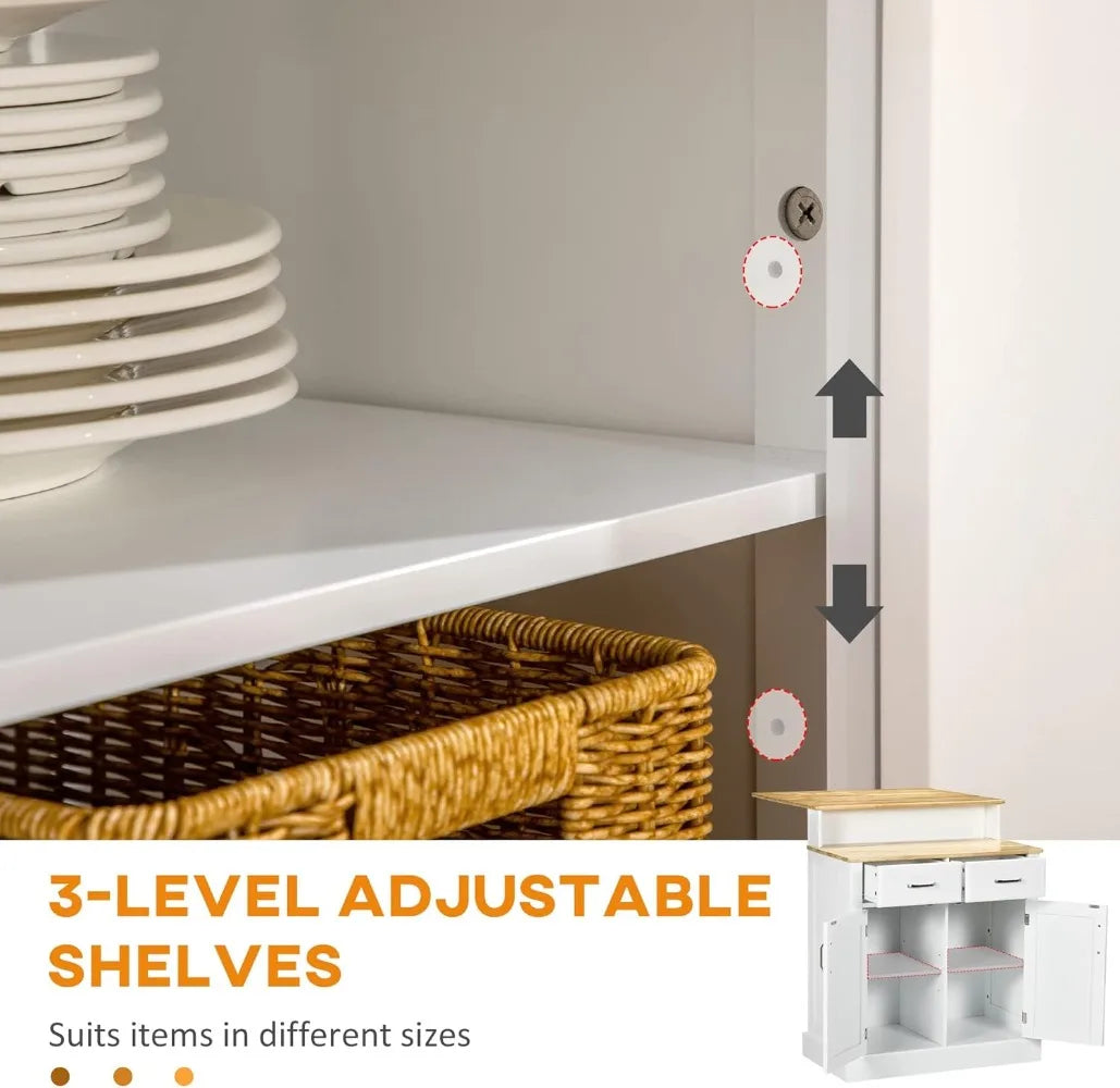 Kitchen Island Storage Cabinet with Adjustable Shelves Rubber Wood Top