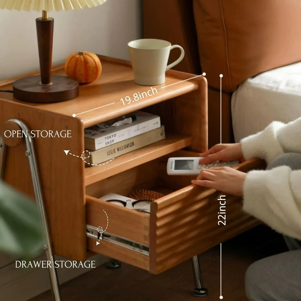 Solid Cherry Wood Nightstand Tall Bedside Table Modern Storage