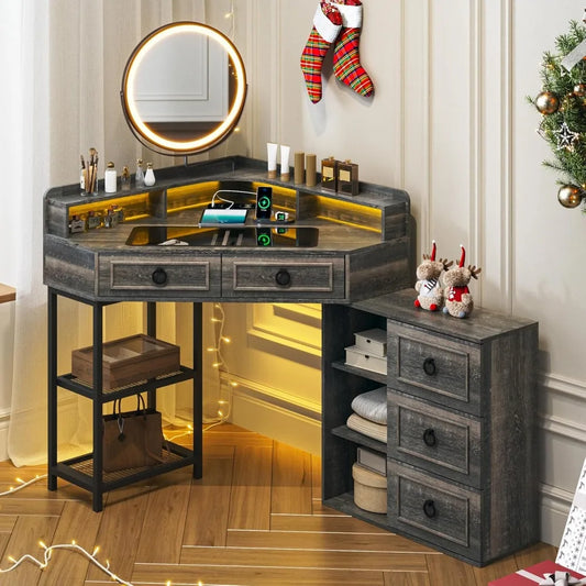 Corner Vanity Desk with LED Mirror Charging Station Makeup Organizer