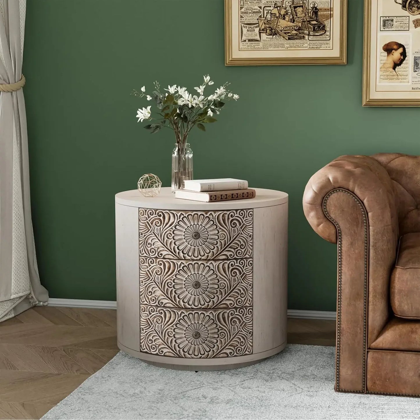 3 Drawer Chest Storage Cabinet Round Nightstand Bedside Table MDF