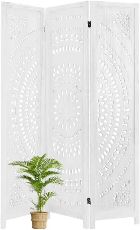 Folding Wood Carved Privacy Screen Room Divider 66.9Inch Freestanding