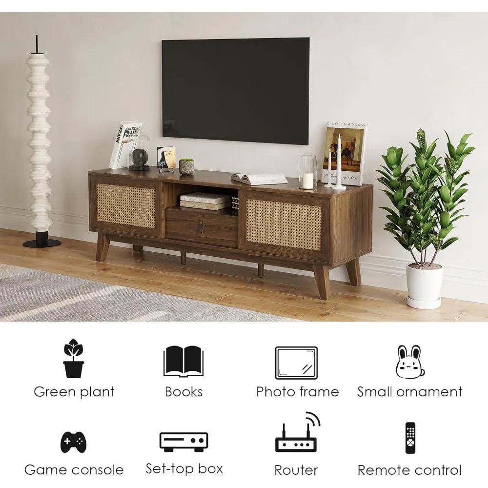 Rattan TV Stand Mid Century Modern Media Console with Drawer and Cabinets