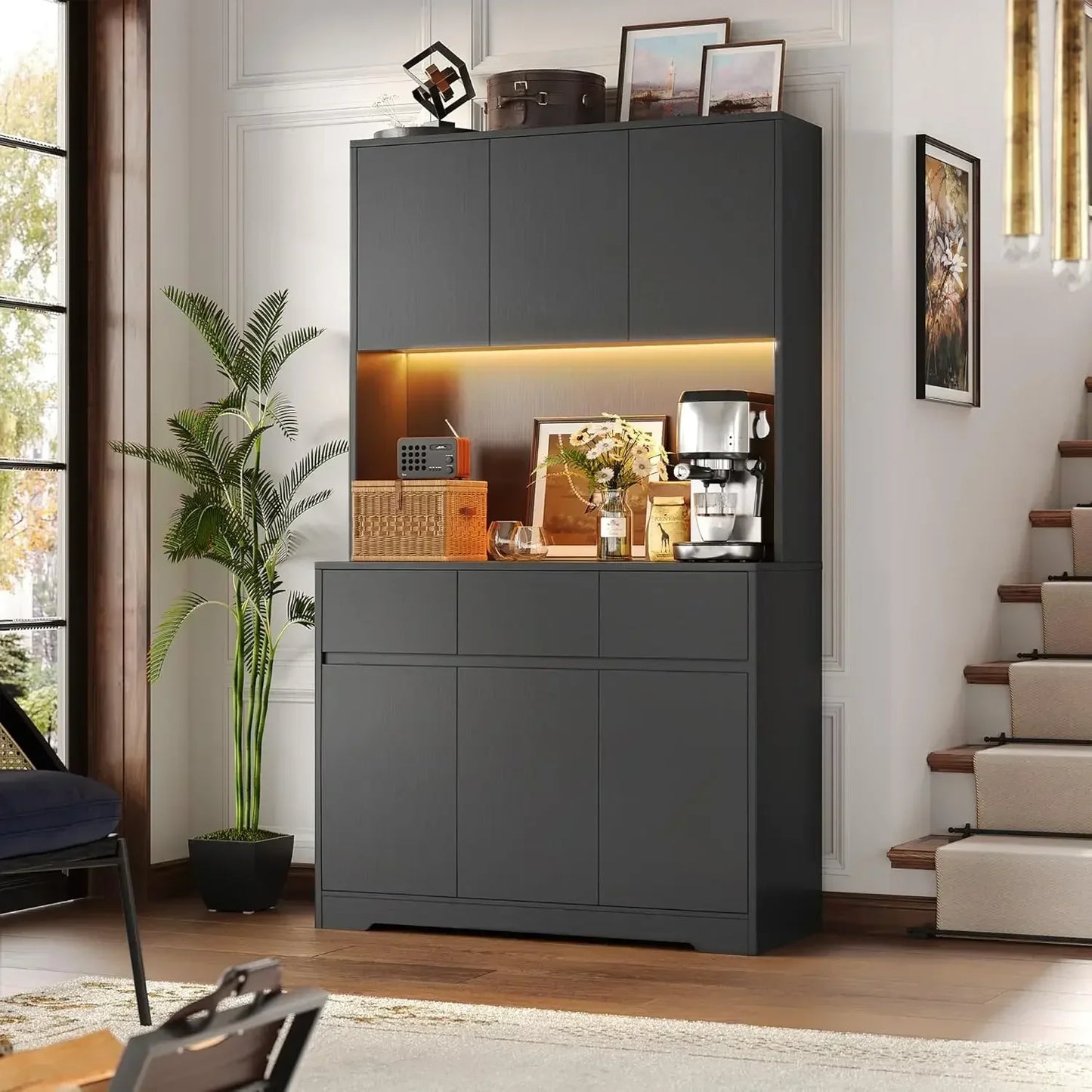 71 Inch Tall Kitchen Pantry Storage Cabinet with Power Outlets and LED Lights