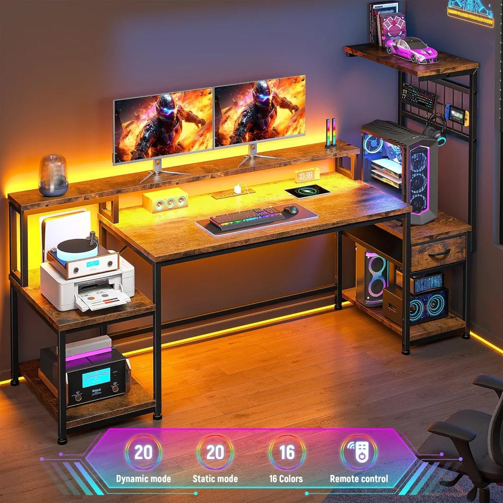 55 Inch Gaming Desk with LED Lights and Outlets Computer Desk Storage
