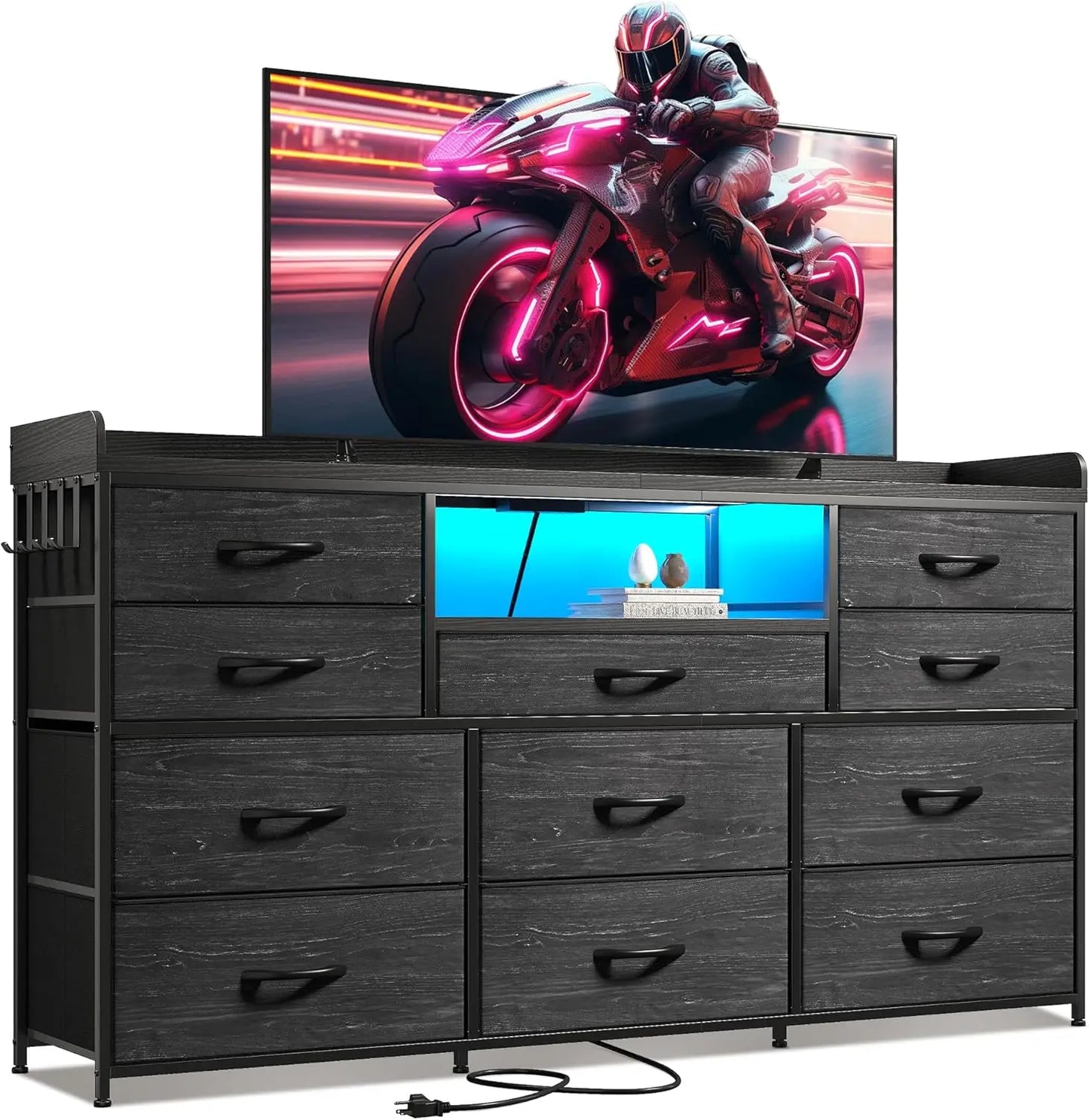 Dresser with 11 Drawers LED Lights Charging Station TV Stand for Bedroom