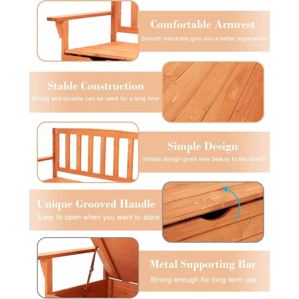 Wooden Outdoor Storage Bench Large Deck Box Seating with Handles