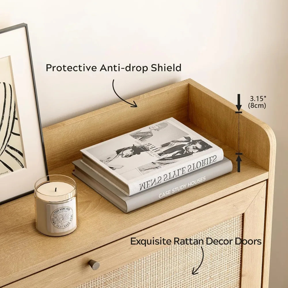 Rattan Shoe Cabinet Mid Century Modern Organizer Narrow Rack 2 Drawers