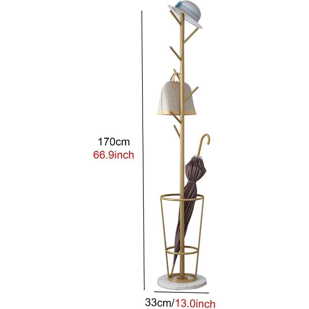 Freestanding Iron Umbrella Stand Coat Rack with Marble Base 7 Hooks