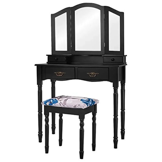 Makeup Vanity Set Writing Desk Trifold Mirror Stool Organizer Wood Retro