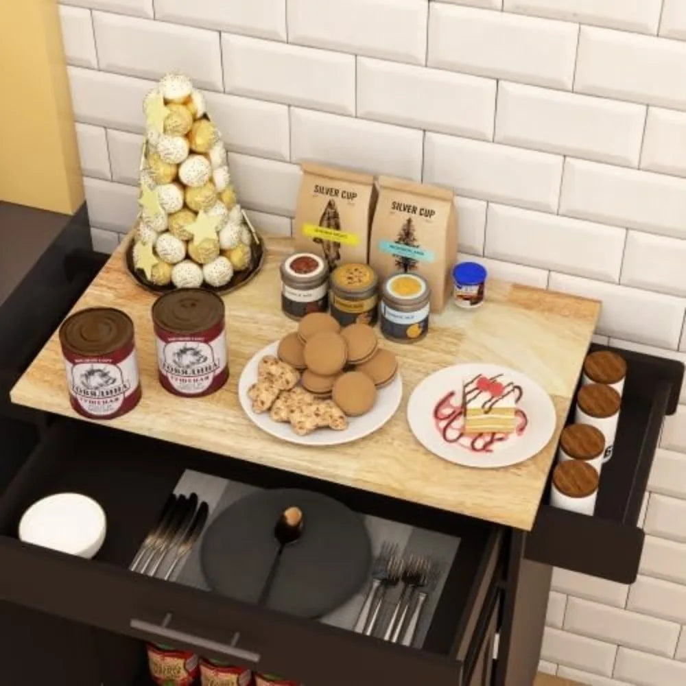 Kitchen Island Rolling Trolley Cart with Drawer Doors Adjustable Shelves