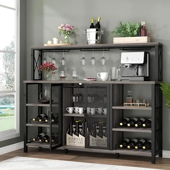 Bar Cabinet 55 Inch Coffee Bar Cabinet with Wine Rack Glass Holder