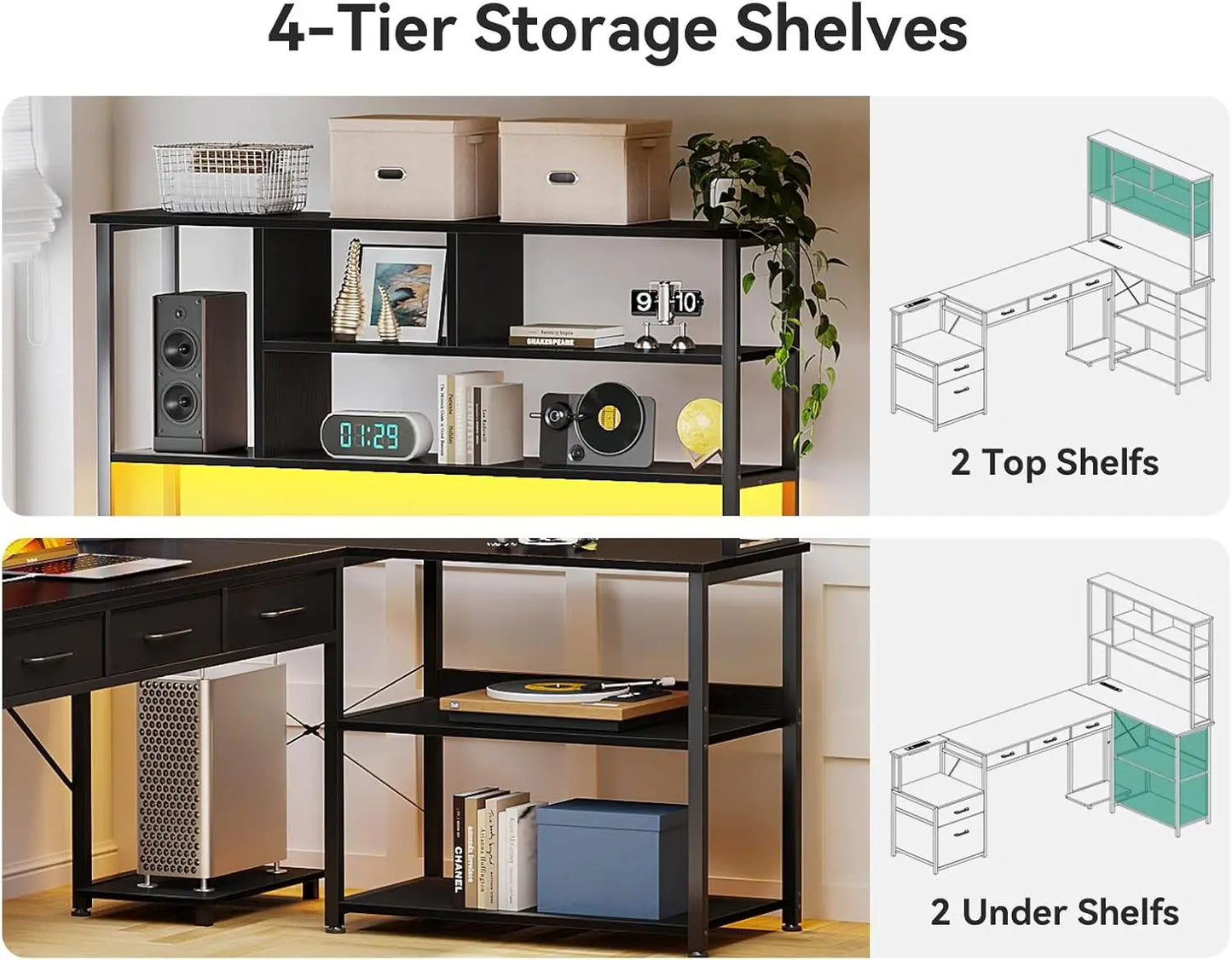 L Shaped Gaming Desk with File Drawers Power Outlets LED Lights