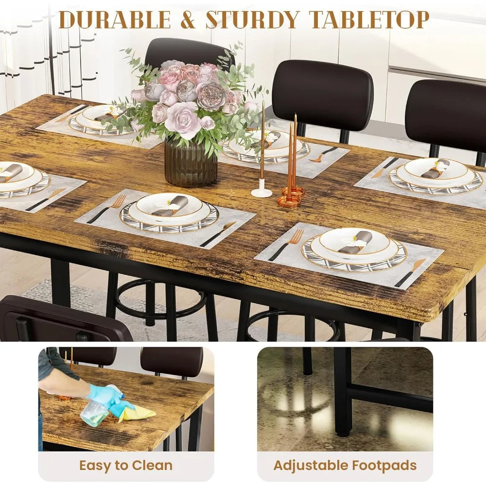 7-Piece Modern Dining Table Set with 6 PU Leather Bar Chairs