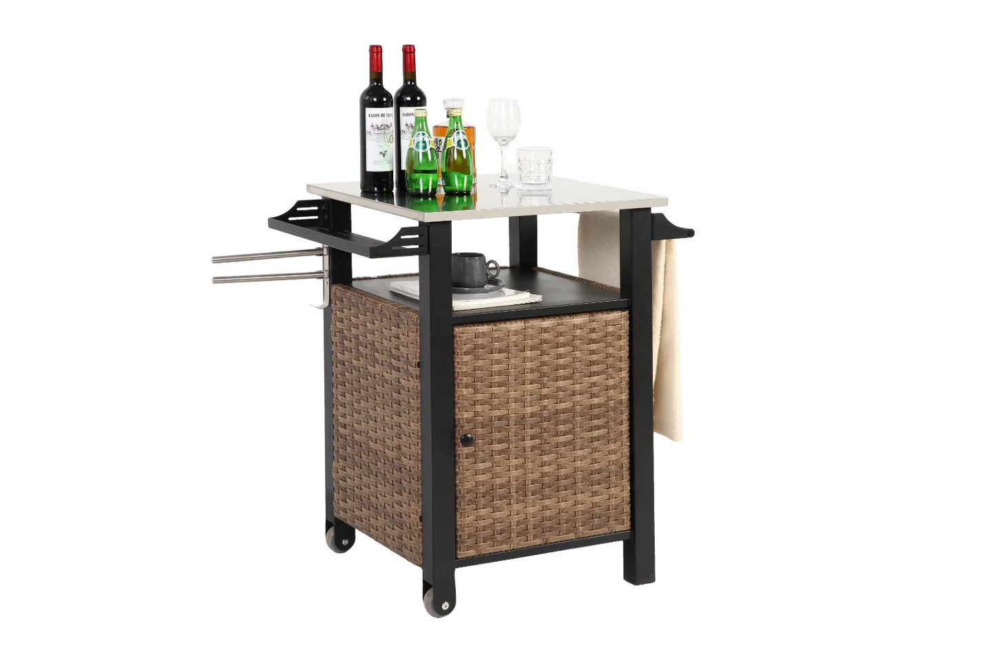 Single Door Bar Cart Outdoor Kitchen Wicker Rolling Cart Storage Cabinet