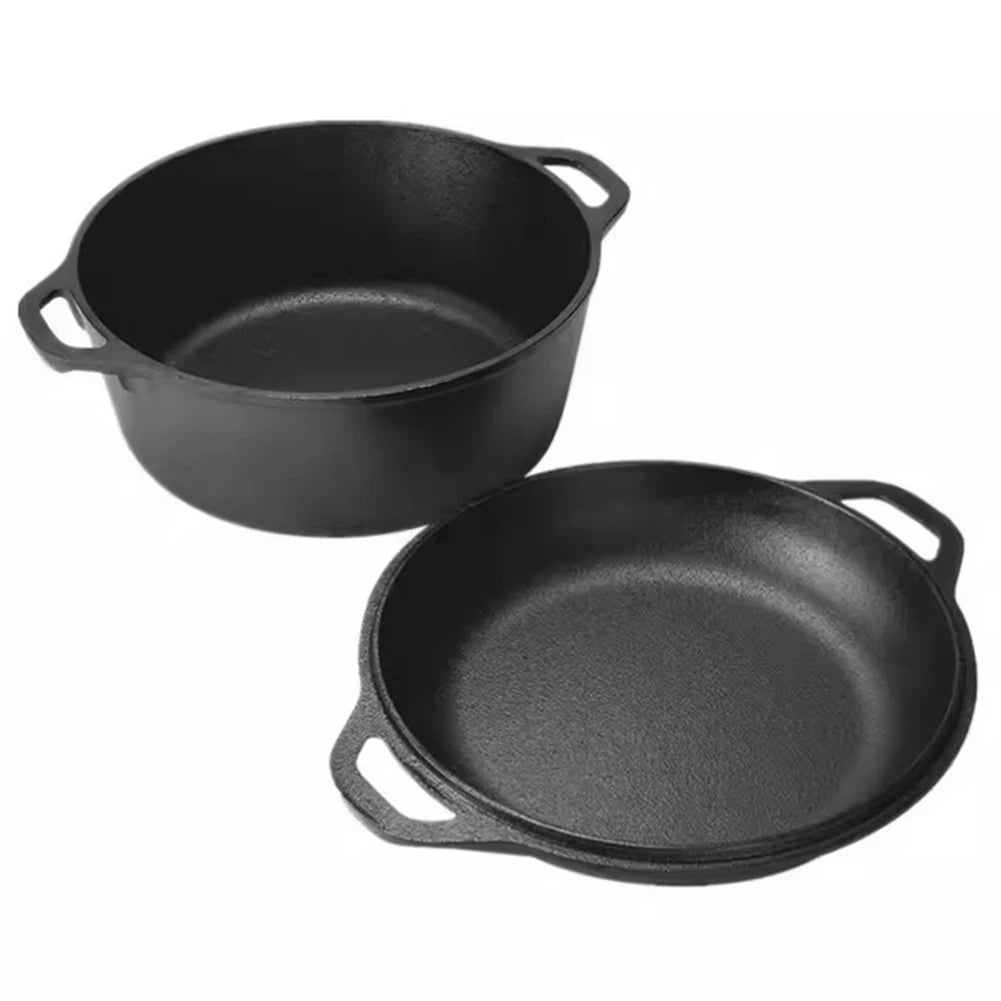 2 in 1 Cast Iron Dutch Oven Skillet Pot Set for Baking Camping BBQ