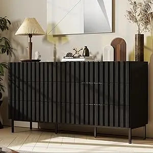 Fluted Dresser 59" Wide 9 Drawer Mid Century Modern Wood Chest