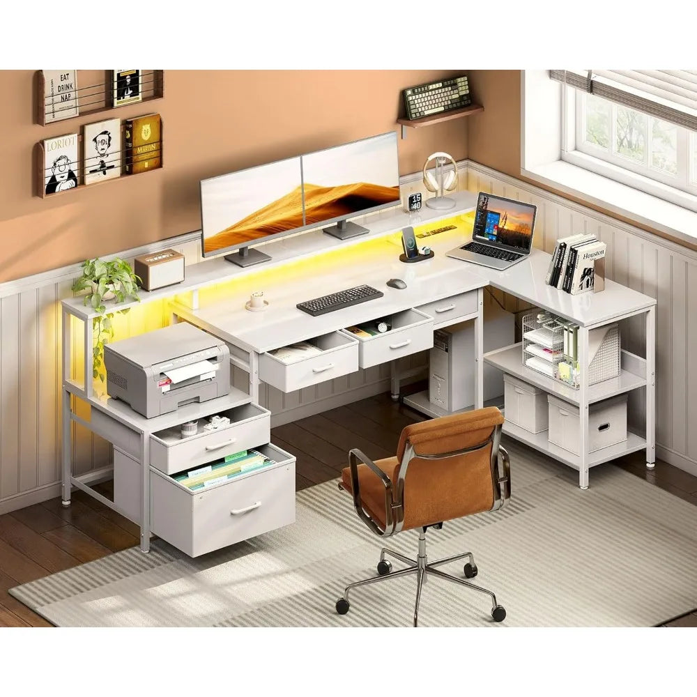 L Shaped Computer Desk with Power Outlet LED Strip 66 Inch Storage