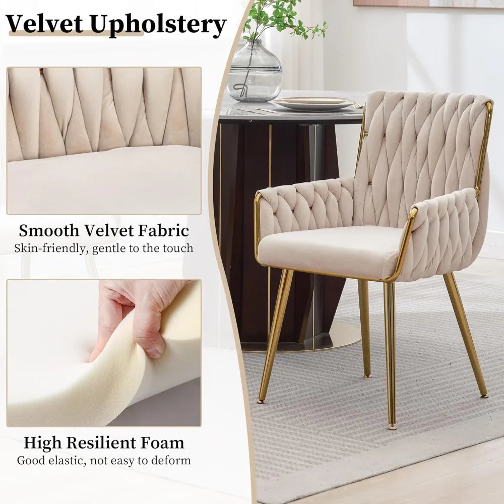 Office Desk Chair No Wheels Woven Velvet Vanity Chair Gold Metal Legs