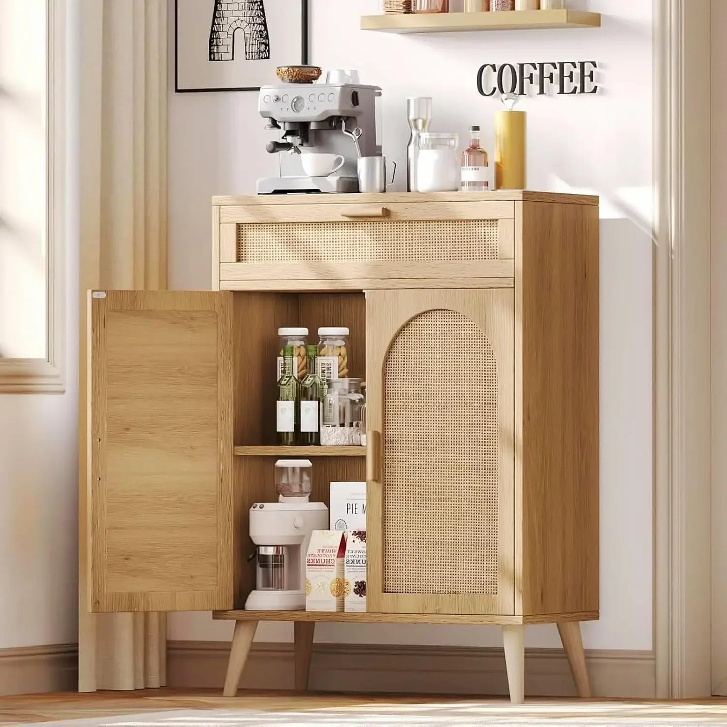 Rattan Storage Cabinet Buffet Sideboard Coffee Bar Accent Floor Cabinet