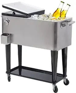 Portable Rolling Cooler Cart 80 Quart Outdoor Beverage Trolley