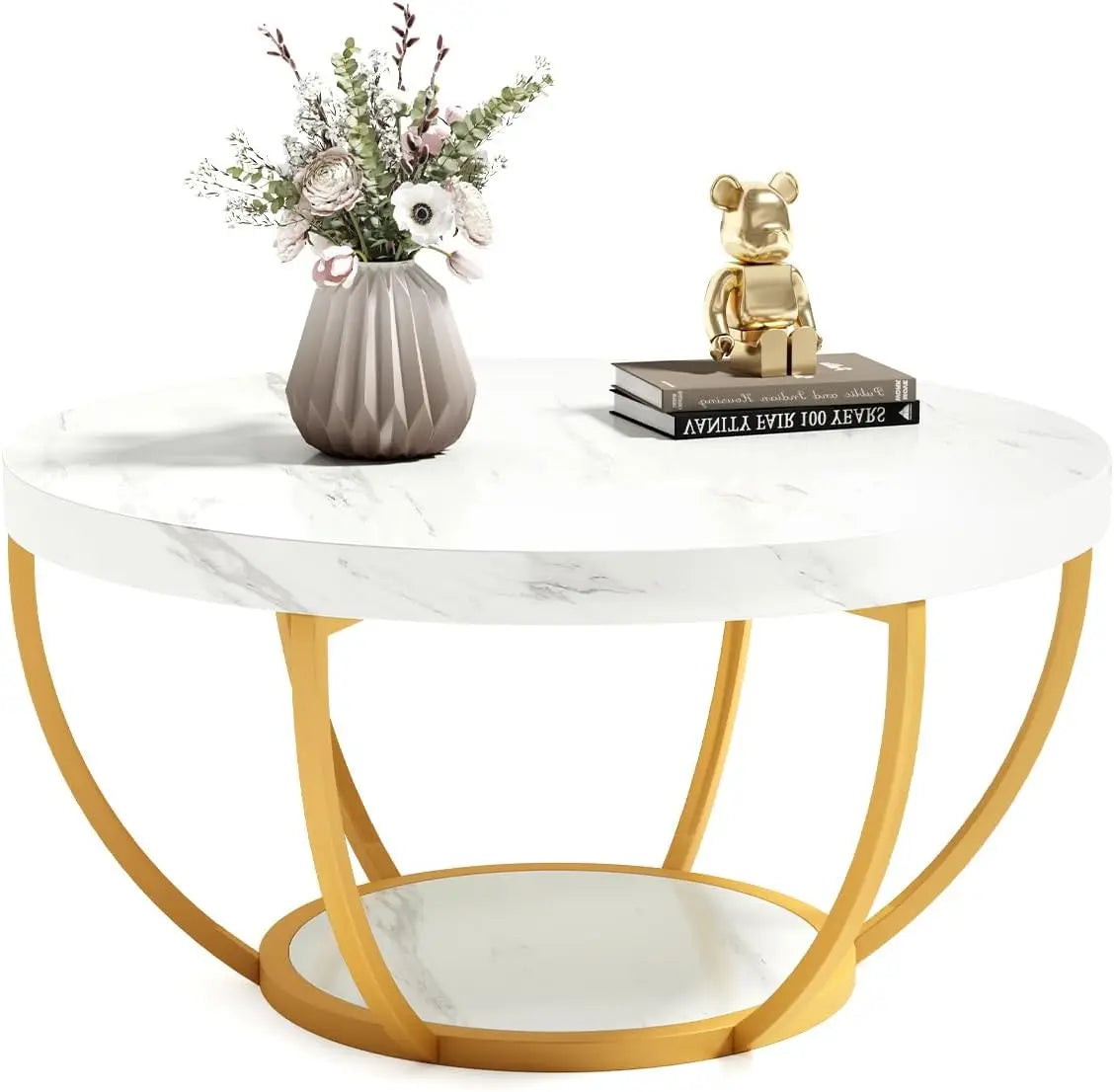 32 Inch Circle Marble Coffee Table 2 Tier Gold Metal Legs Modern Design