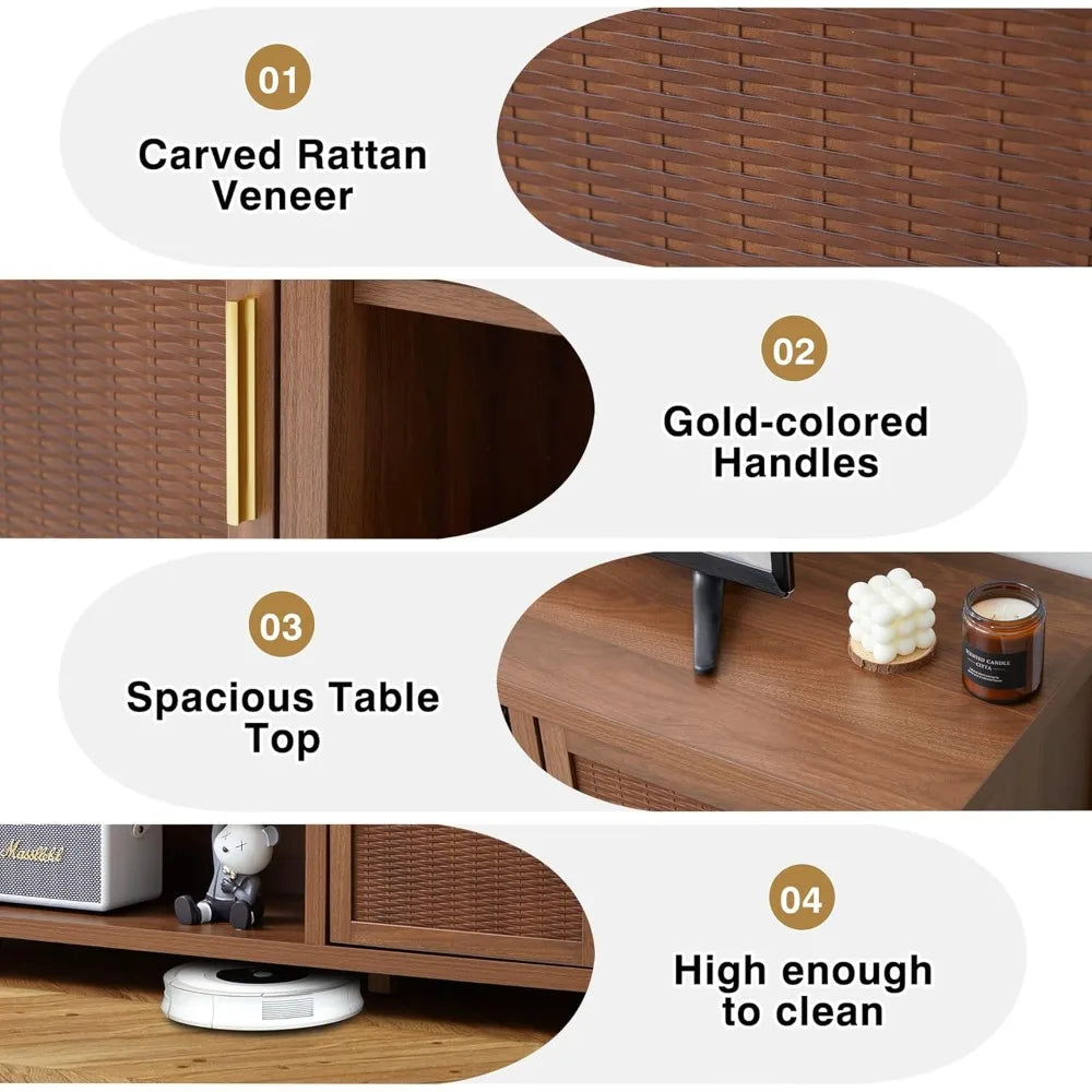 Mid Century Modern TV Stand Rattan Storage Cabinet for Living Room