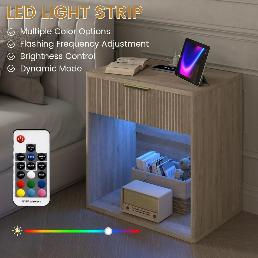 Fluted Nightstand with Charging Station 23" Wide Modern Bedside Table