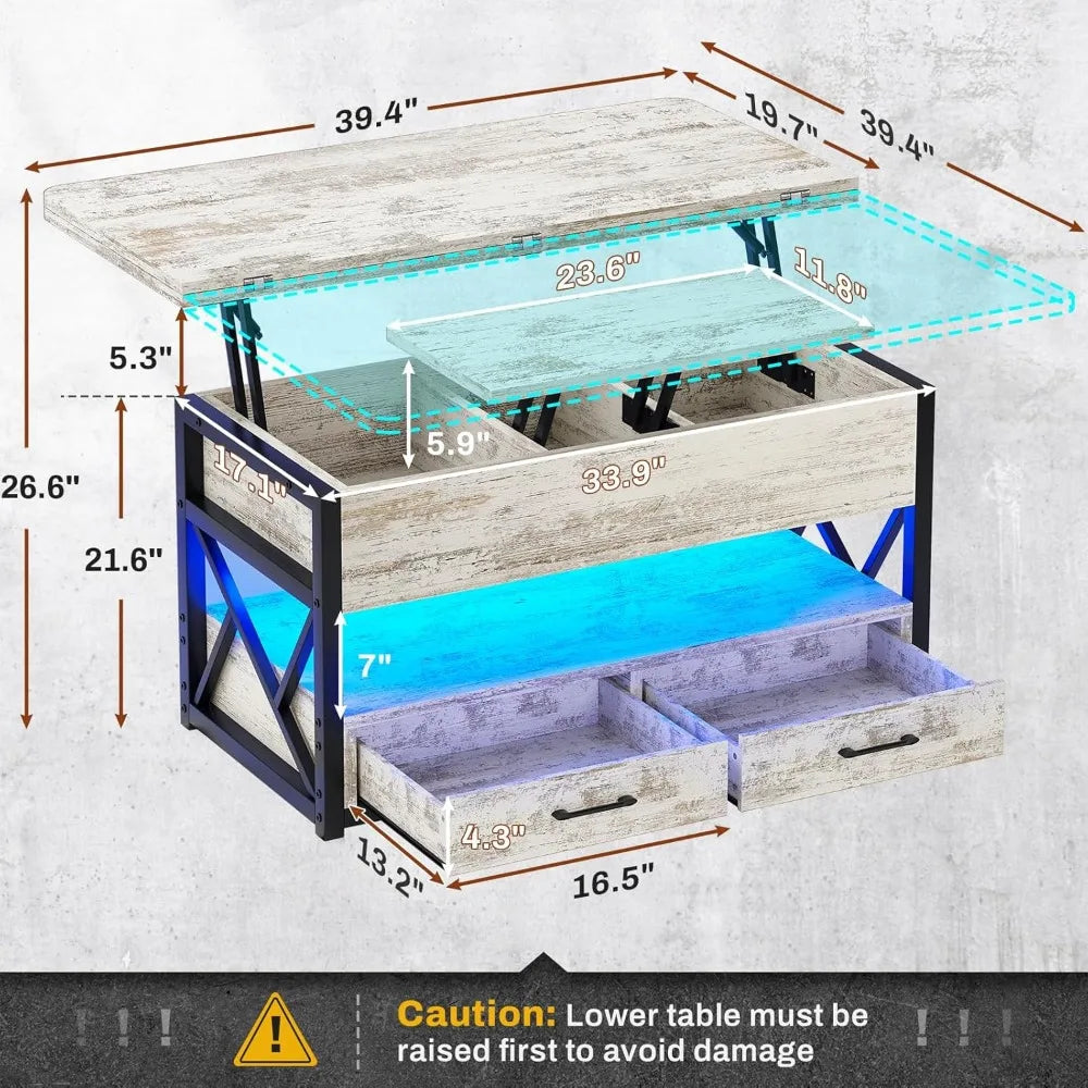 40 Inch Lift Top Coffee Table with Storage LED Light and Drawers