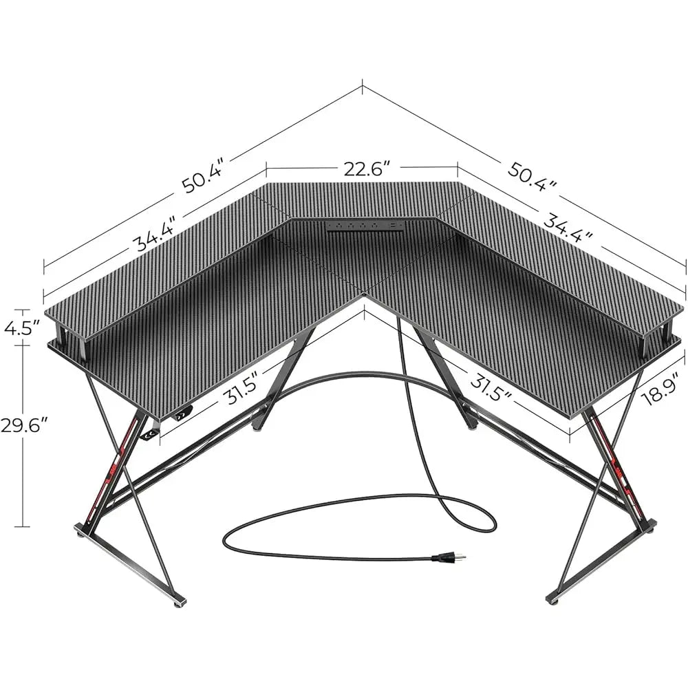 L Shaped Gaming Desk With LED Lights Power Outlets Monitor Stand