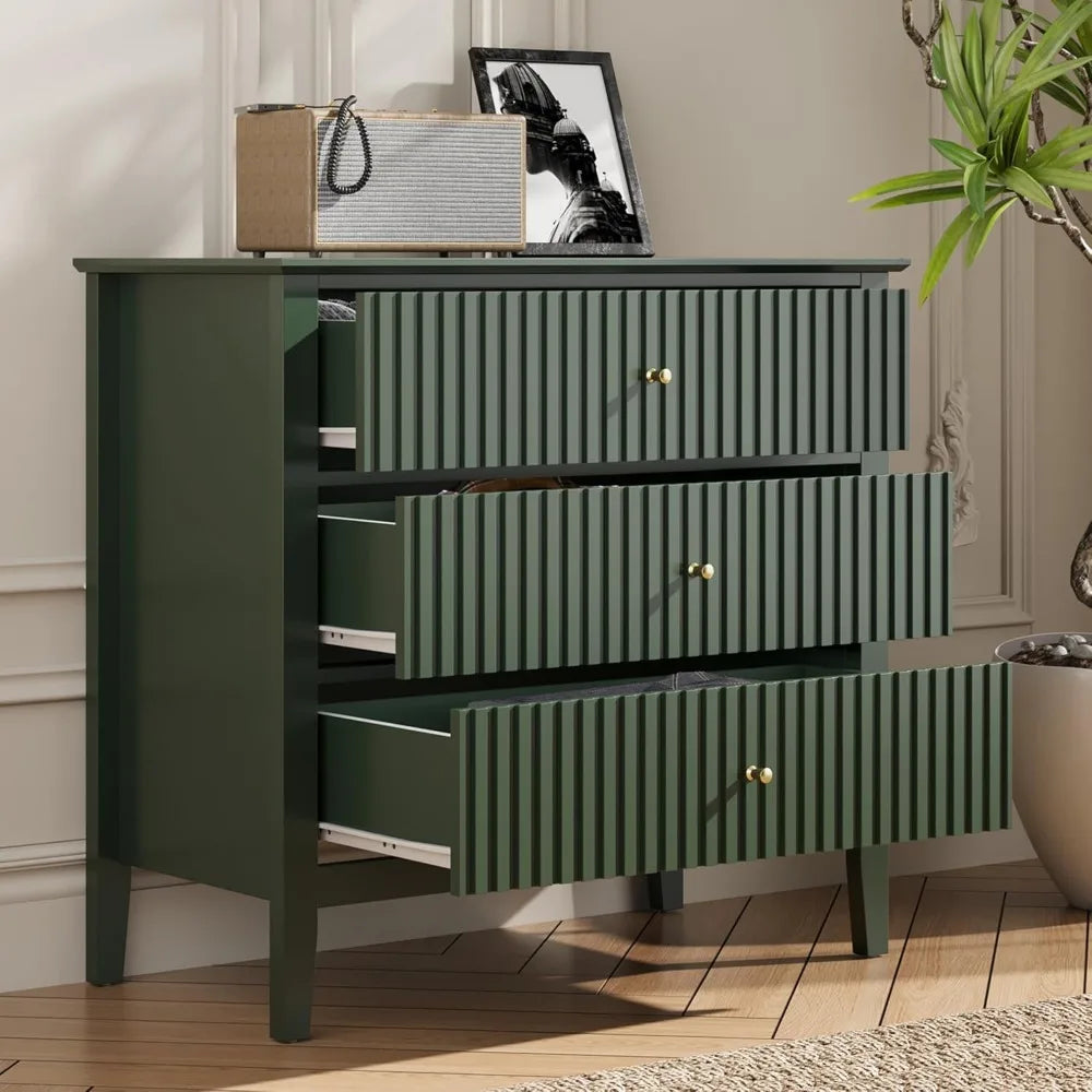 Green Fluted 3 Drawer Dresser Modern Wood Chest of Drawers Nightstand