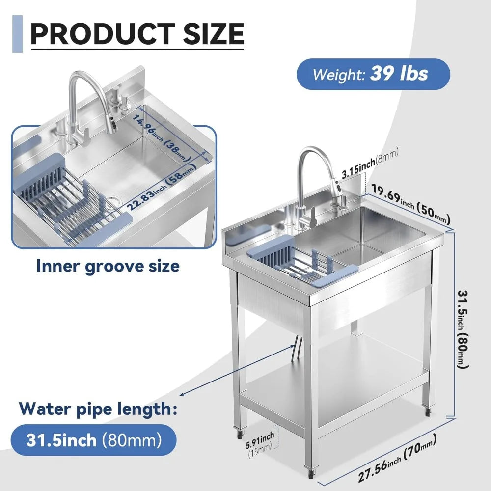 Stainless Steel Utility Sink with Pull-Out Faucet for Kitchen and Laundry