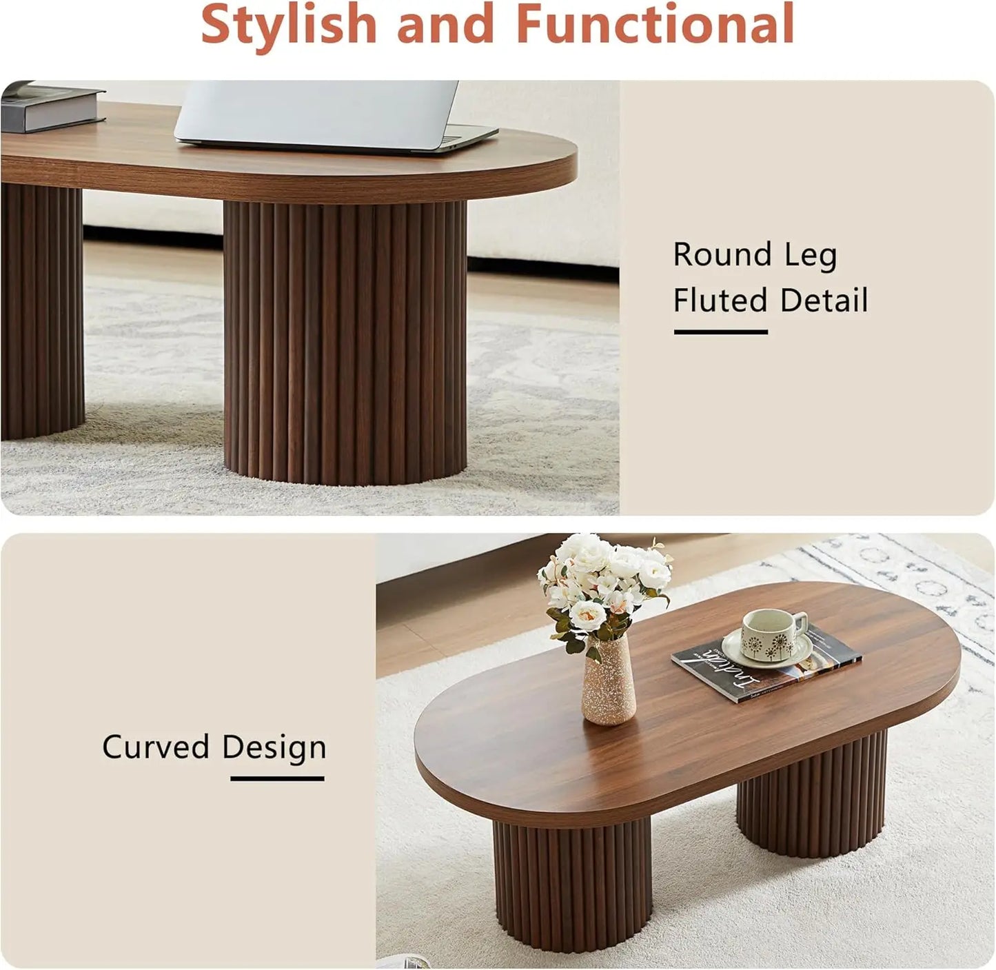 Oval Fluted Coffee Table Mid Century Modern Wooden Center Table Living Room