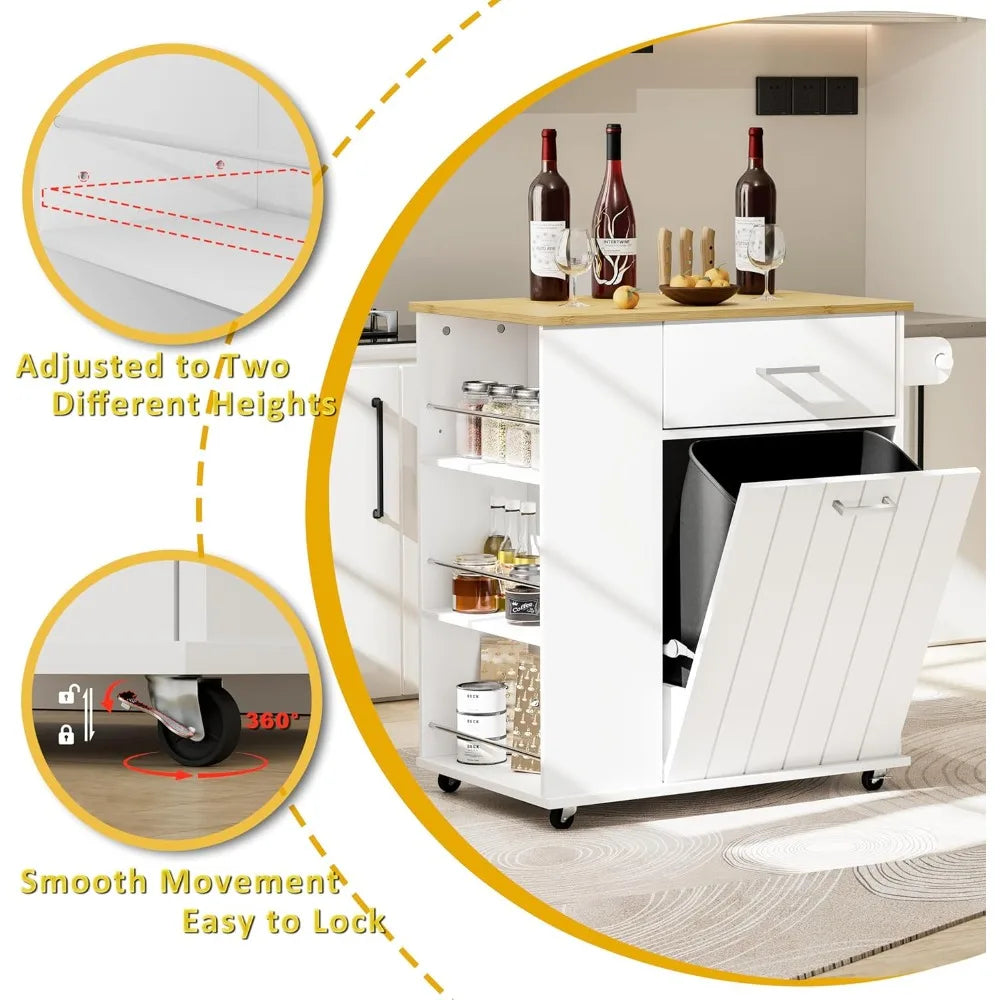 Rolling Kitchen Island on Wheels with Trash Can Storage and Spice Rack