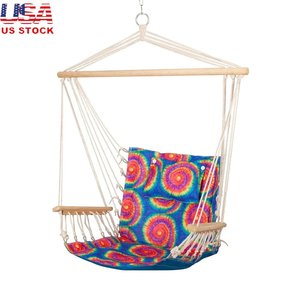 Hammock Chair with Pillow Wooden Arms Foldable Indoor Outdoor 275 lbs